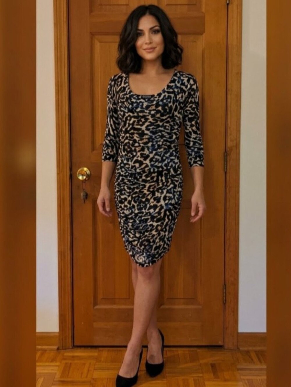 NWT! Guess Los Angeles 3/4 Sleeve Josie Dress Indigo Animal Print Side Ruched